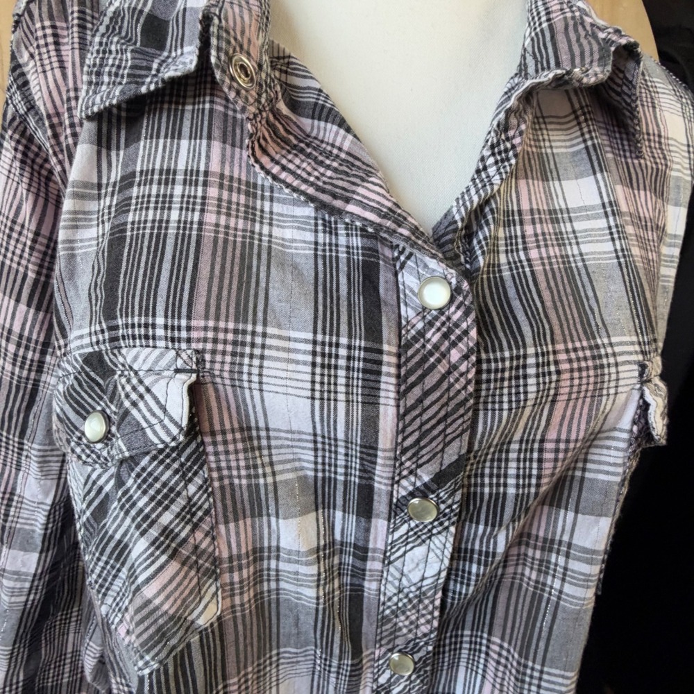 Faded Glory Plaid Shirt 3X 22W-24W Pink Black Metallic Snap Front Western Casual